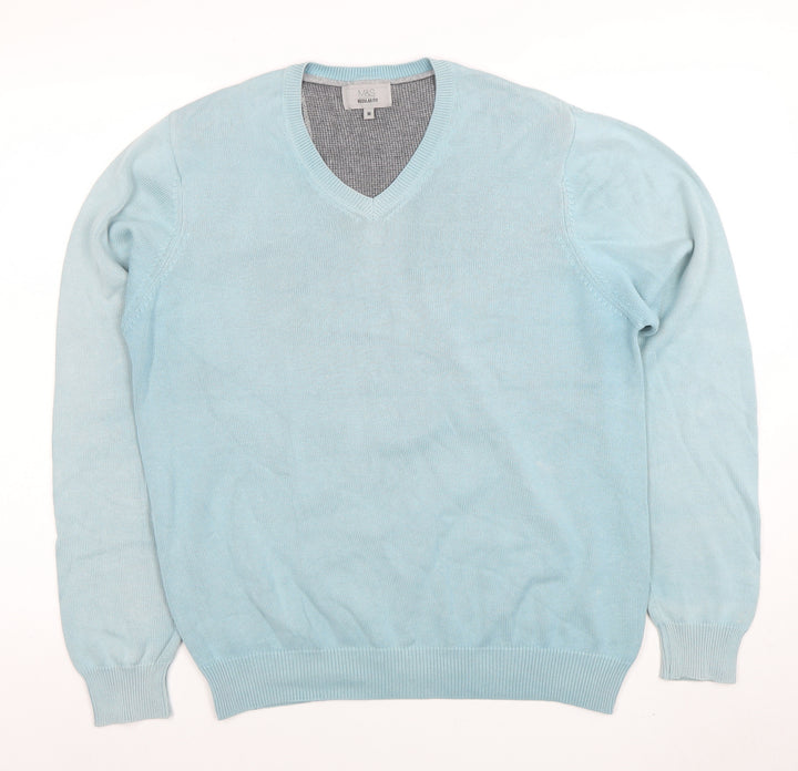 Marks and Spencer Mens Blue Cotton V-Neck Jumper M Regular Fit
