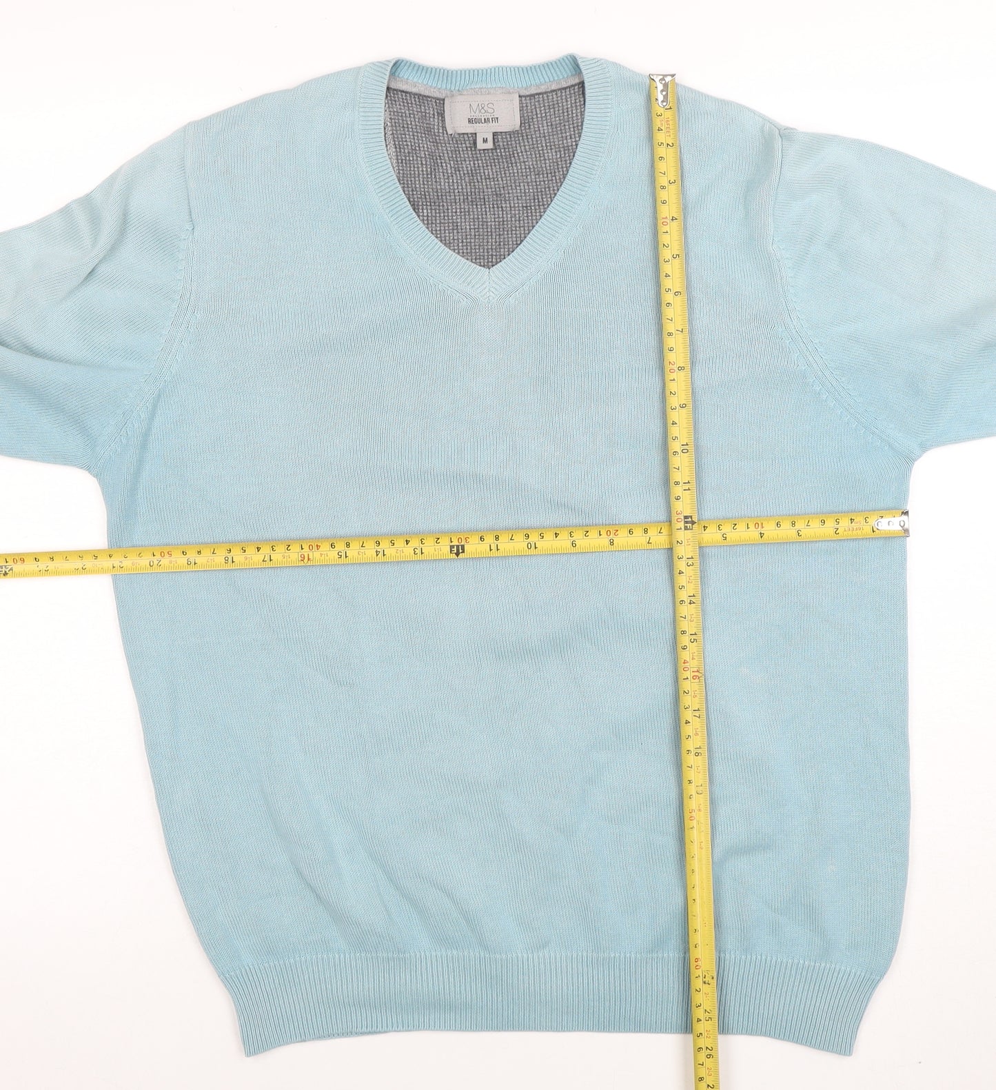 Marks and Spencer Mens Blue Cotton V-Neck Jumper M Regular Fit