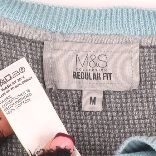 Marks and Spencer Mens Blue Cotton V-Neck Jumper M Regular Fit