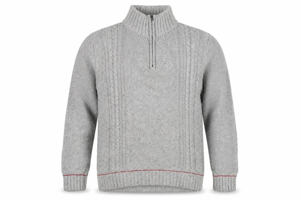 Front view of Woolrich Men’s Grey Cable-Knit Half Zip Merino Wool Jumper L