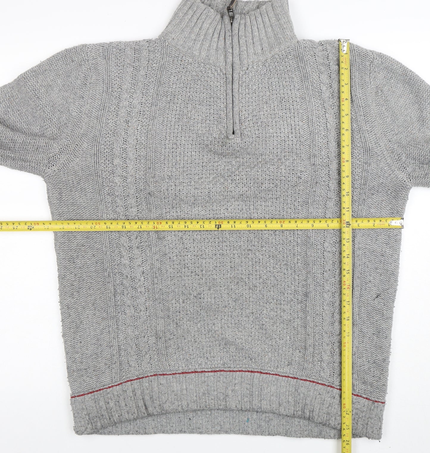 Woolrich Men’s Grey Cable-Knit Half Zip Merino Wool Jumper L