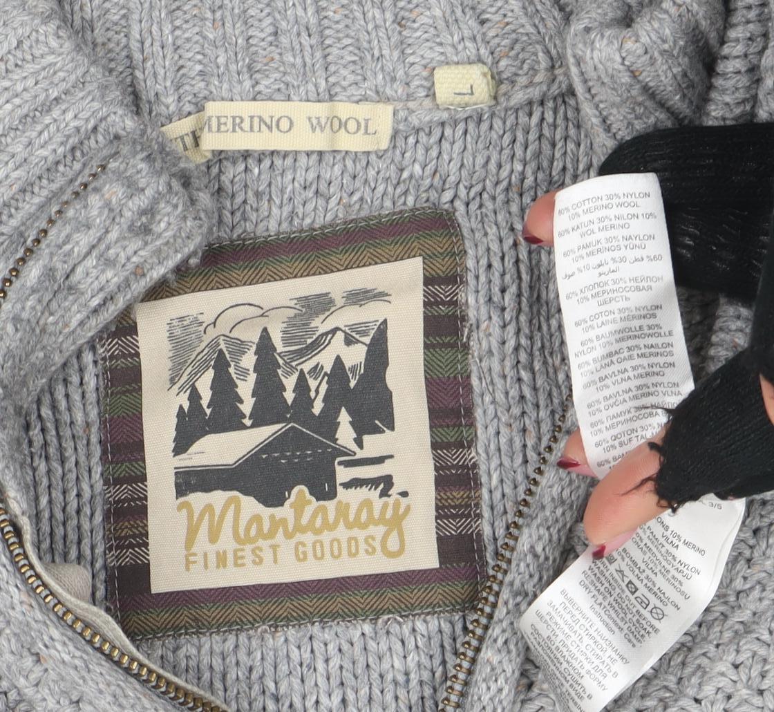 Woolrich Men’s Grey Cable-Knit Half Zip Merino Wool Jumper L