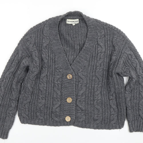 Collezione Gaia Women's Grey Chunky Knit V-Neck Button Cardigan S