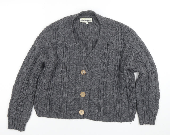 Collezione Gaia Women's Grey Chunky Knit V-Neck Button Cardigan S