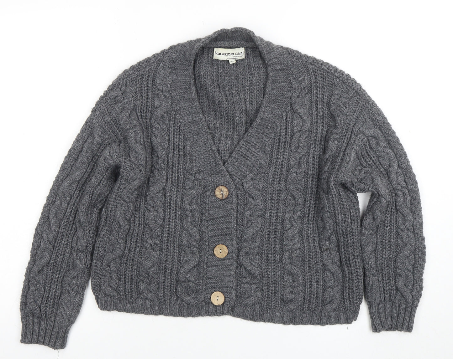 Collezione Gaia Women's Grey Chunky Knit V-Neck Button Cardigan S