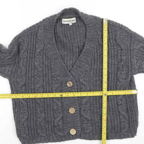 Collezione Gaia Women's Grey Chunky Knit V-Neck Button Cardigan S