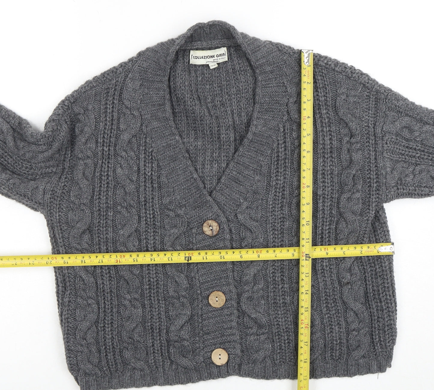 Collezione Gaia Women's Grey Chunky Knit V-Neck Button Cardigan S