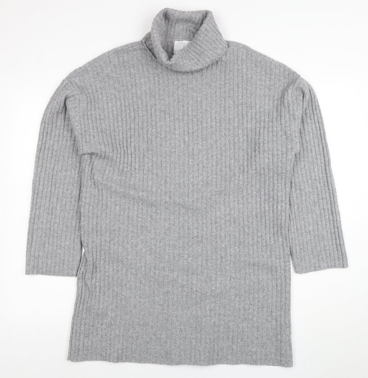 Zara Girls Grey Ribbed Knit Roll Neck Sweater Dress 13-14 Years
