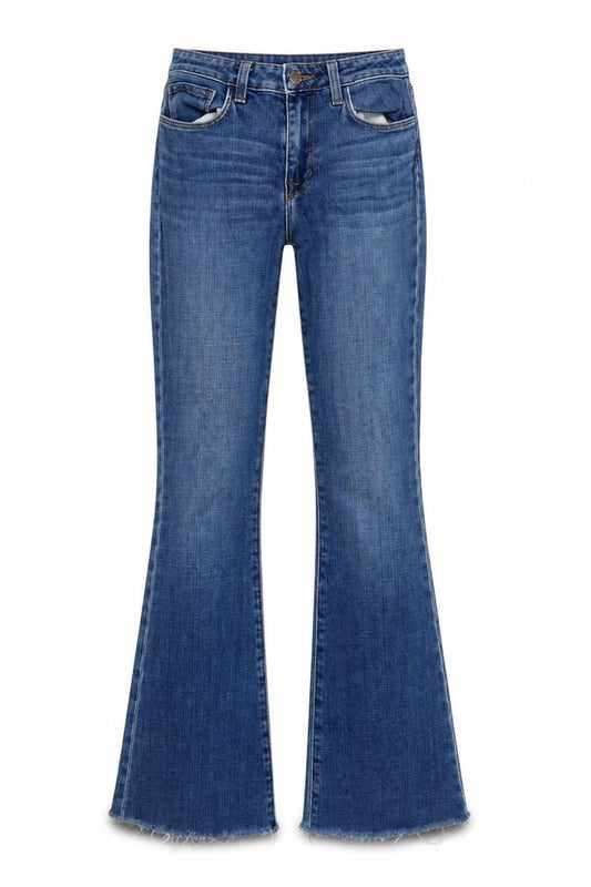 Front view of L'AGENCE Women's Blue Flared Denim Jeans, size 25, High Rise Stretch