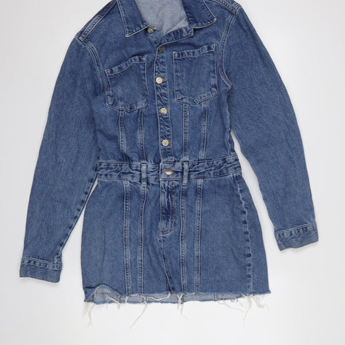 Zara Women Blue Denim Shirt Mini Dress Size S Collared Belted