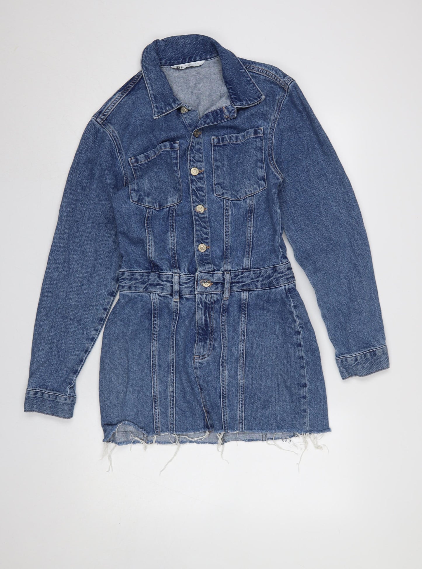 Zara Women Blue Denim Shirt Mini Dress Size S Collared Belted