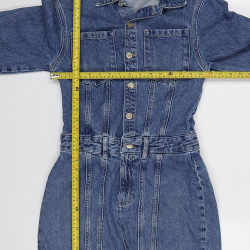 Zara Women Blue Denim Shirt Mini Dress Size S Collared Belted