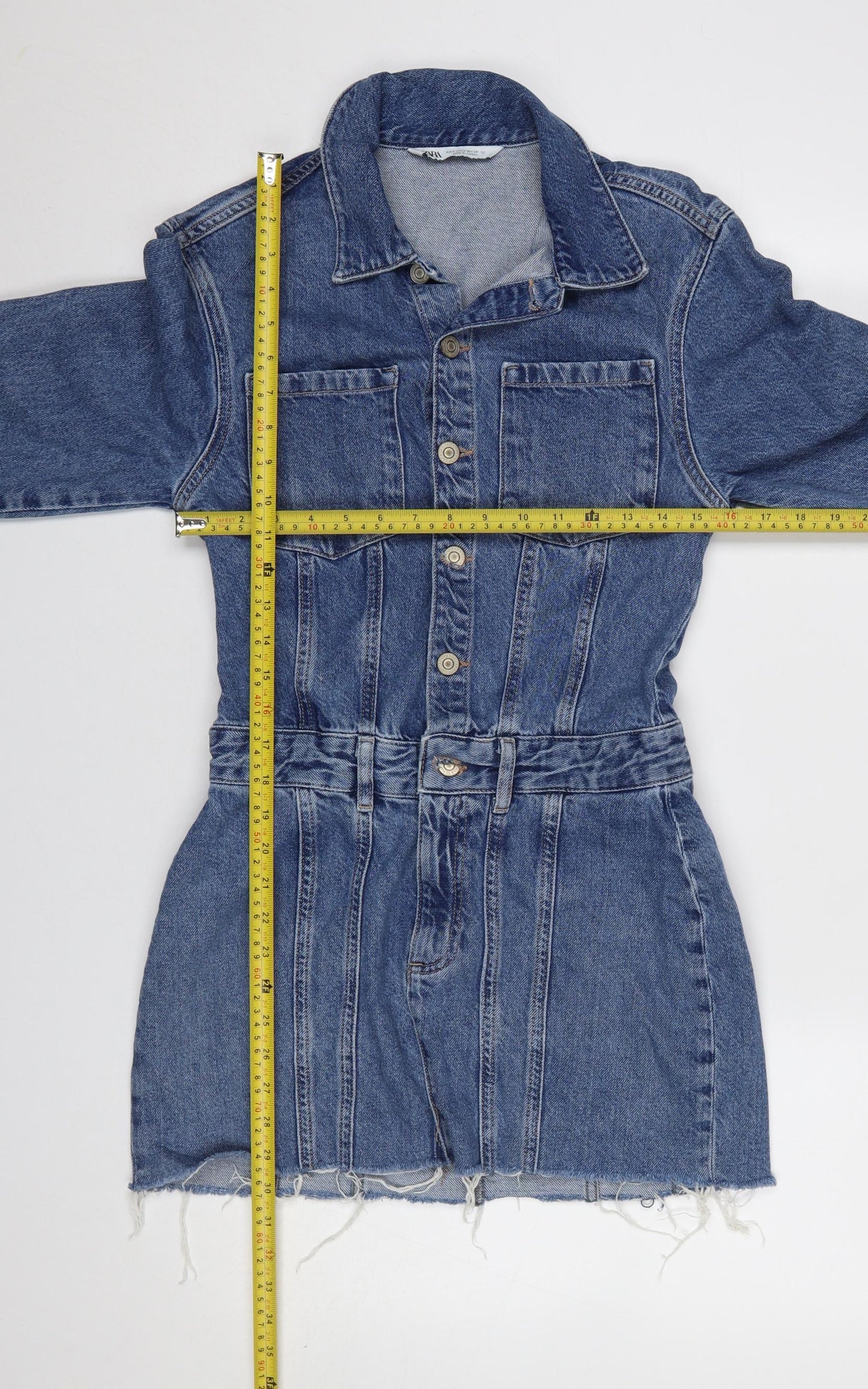 Zara Women Blue Denim Shirt Mini Dress Size S Collared Belted