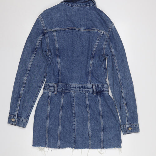 Zara Women Blue Denim Shirt Mini Dress Size S Collared Belted