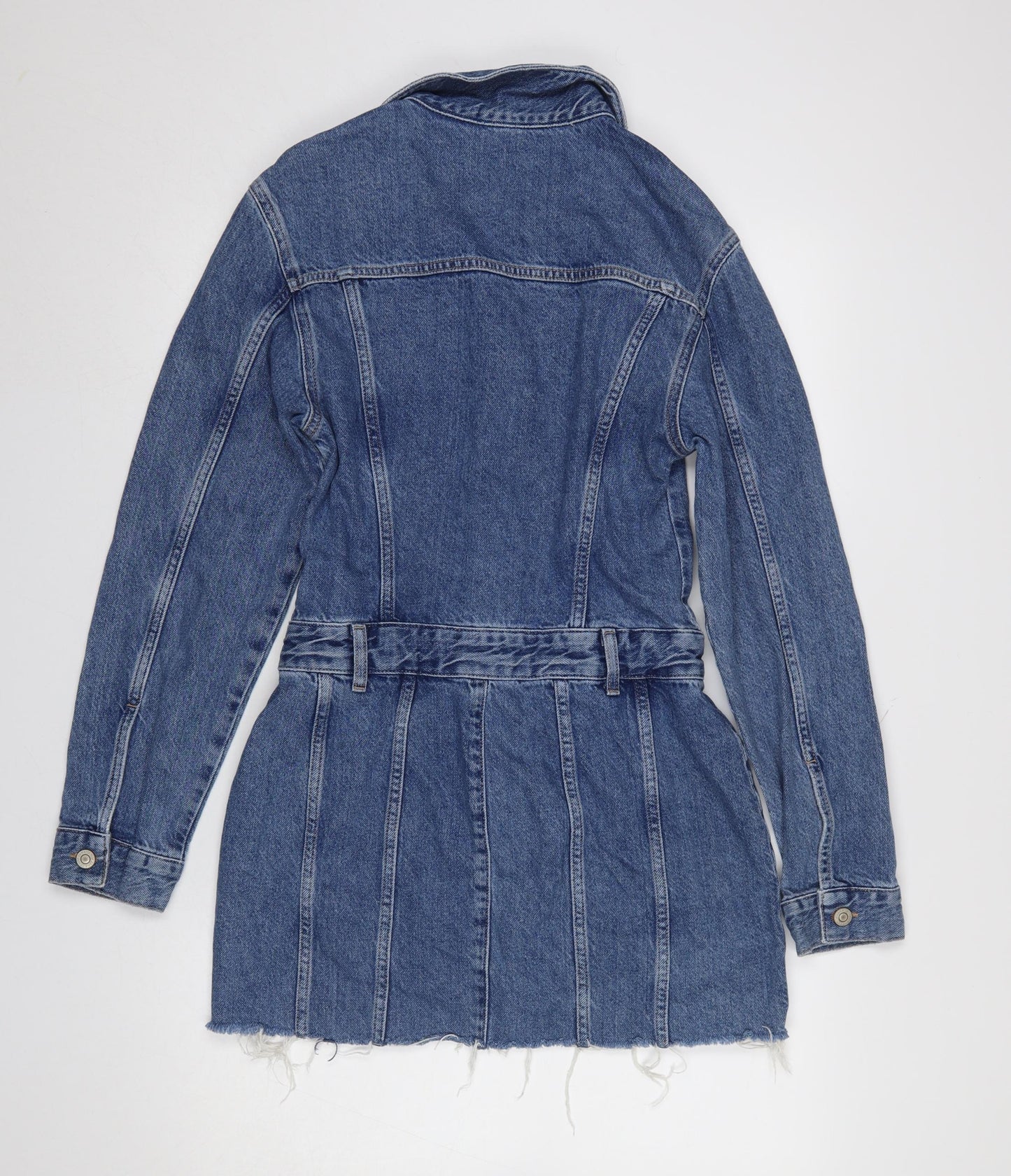 Zara Women Blue Denim Shirt Mini Dress Size S Collared Belted
