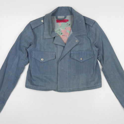 Boohoo Women Blue Denim Floral Embroidered Cropped Biker Jacket UK 8