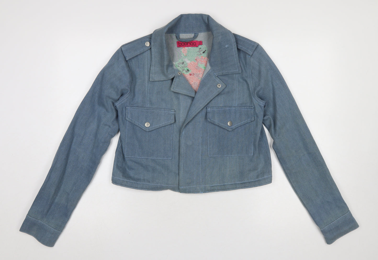 Boohoo Women Blue Denim Floral Embroidered Cropped Biker Jacket UK 8