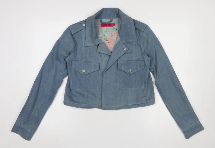 Boohoo Women Blue Denim Floral Embroidered Cropped Biker Jacket UK 8