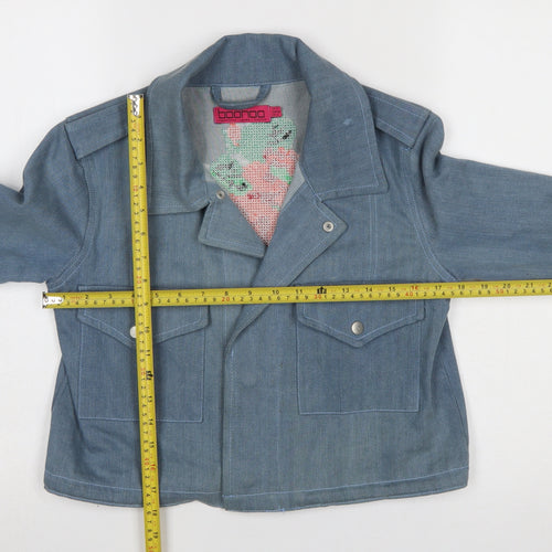 Boohoo Women Blue Denim Floral Embroidered Cropped Biker Jacket UK 8