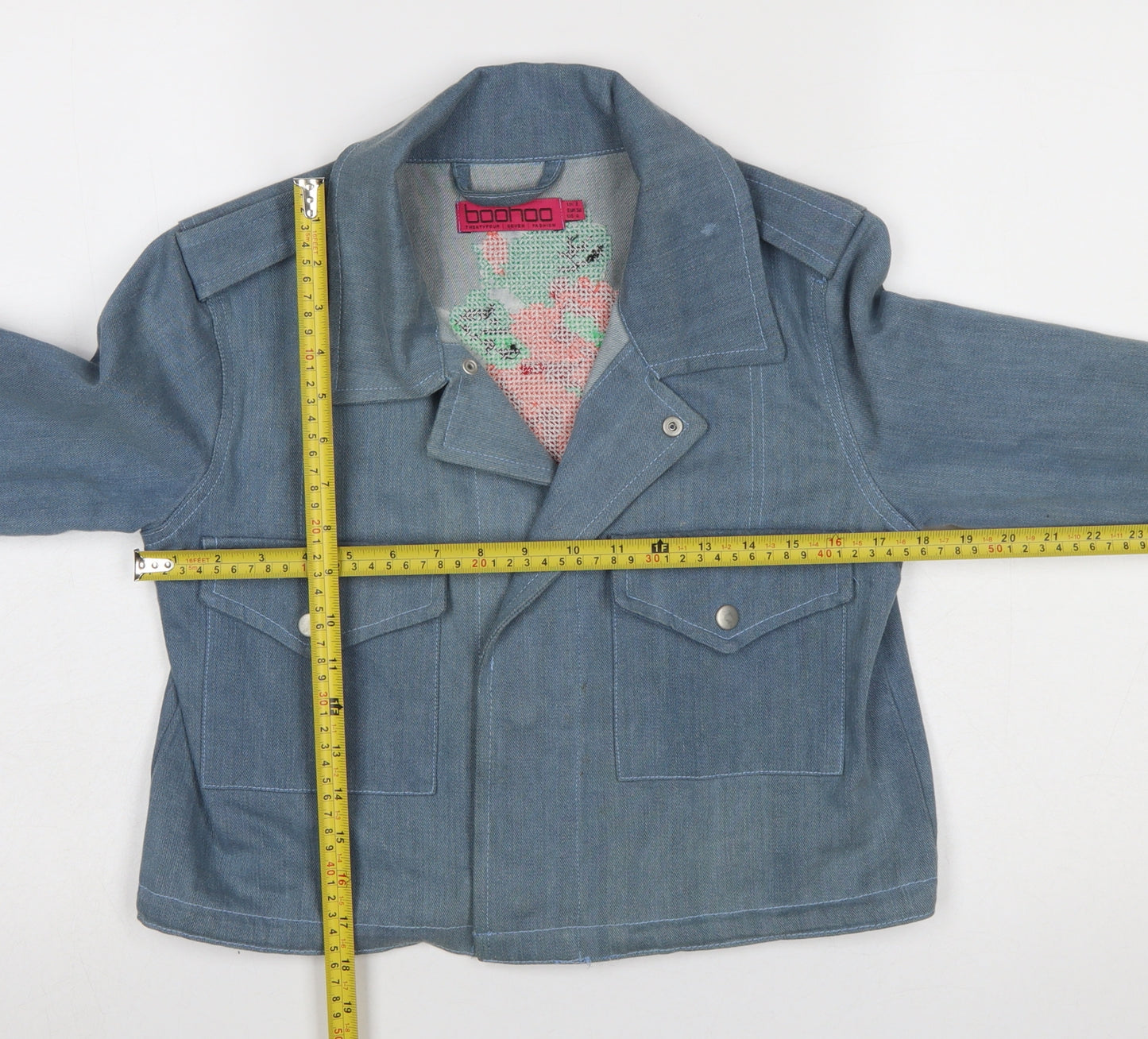 Boohoo Women Blue Denim Floral Embroidered Cropped Biker Jacket UK 8