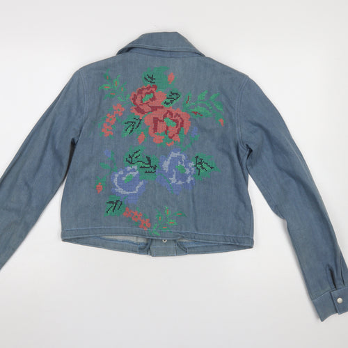 Boohoo Women Blue Denim Floral Embroidered Cropped Biker Jacket UK 8