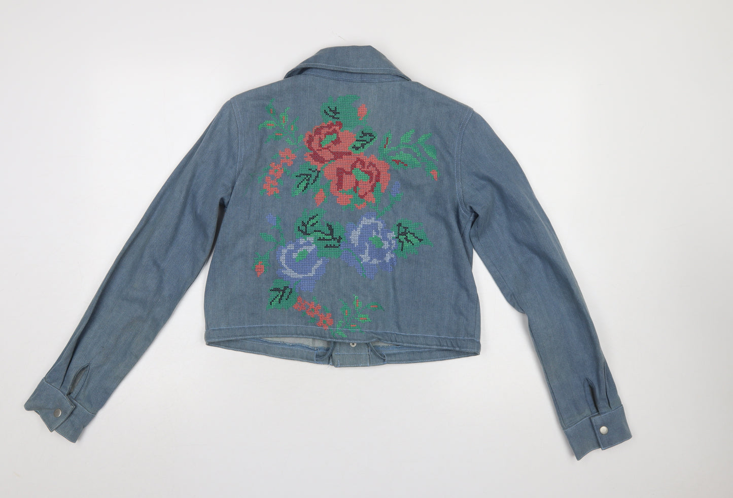 Boohoo Women Blue Denim Floral Embroidered Cropped Biker Jacket UK 8