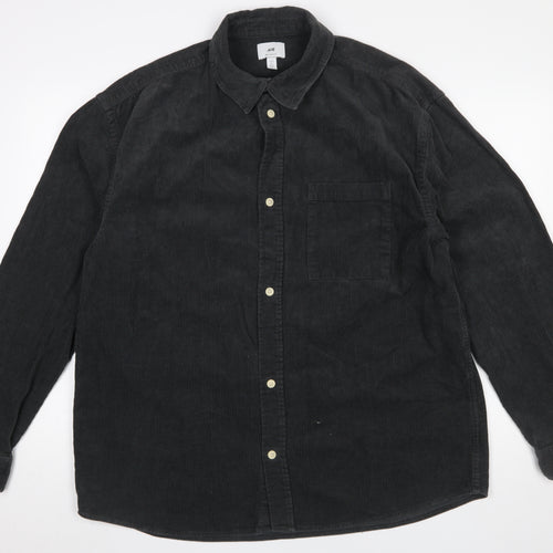 H&M Mens Black Corduroy Button-Up Shirt L Relaxed Fit Casual
