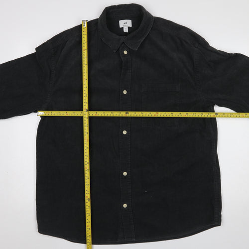 H&M Mens Black Corduroy Button-Up Shirt L Relaxed Fit Casual