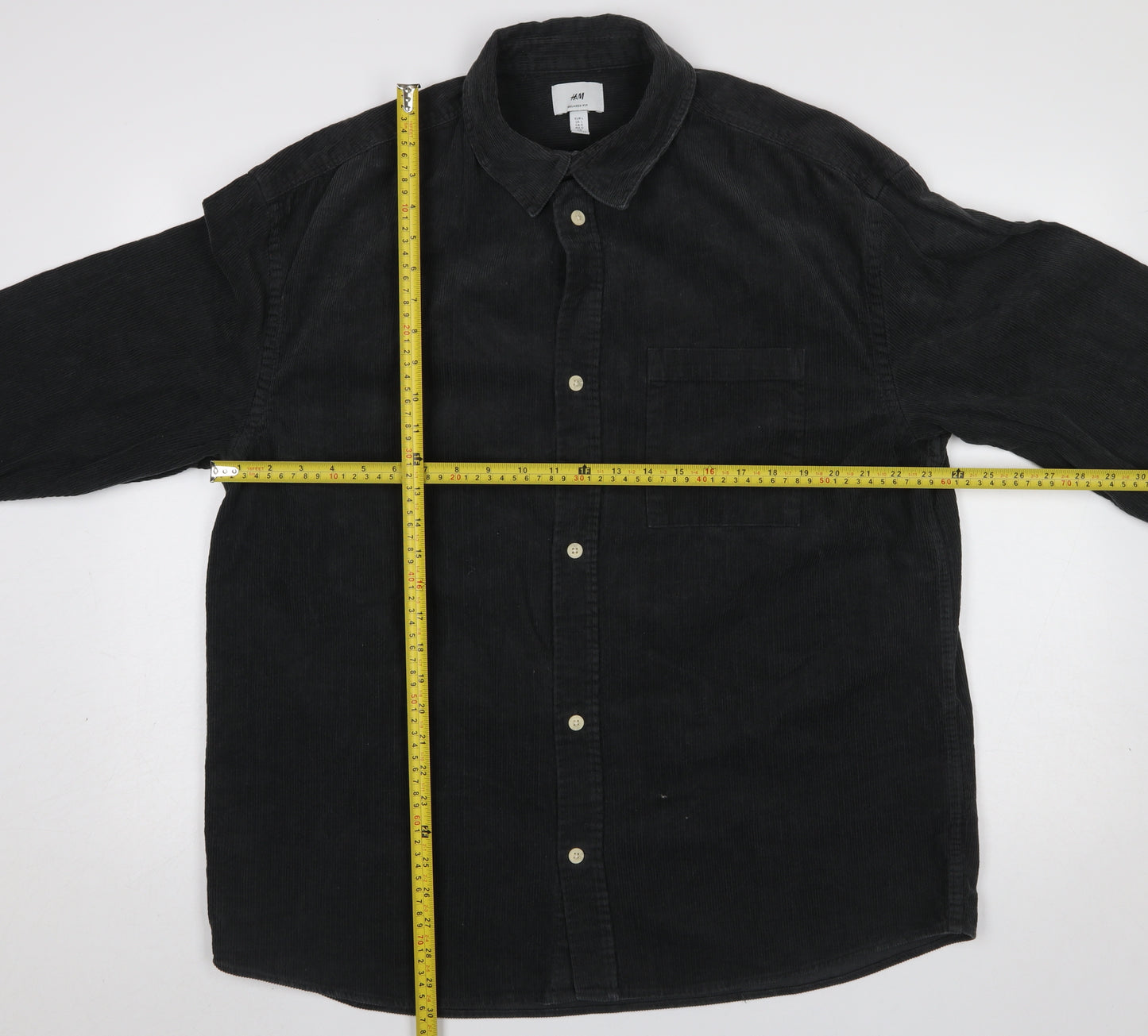 H&M Mens Black Corduroy Button-Up Shirt L Relaxed Fit Casual