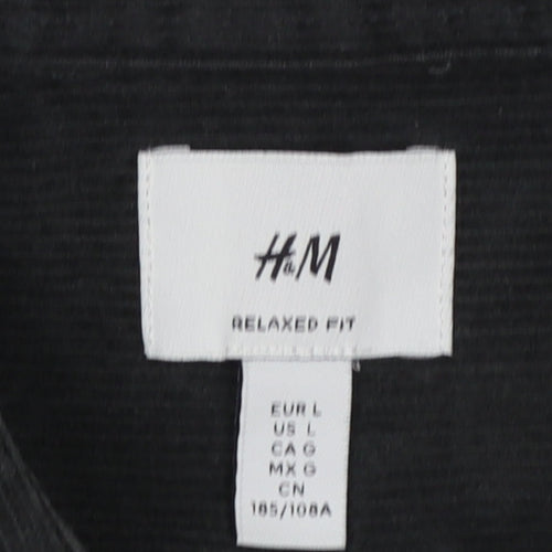 H&M Mens Black Corduroy Button-Up Shirt L Relaxed Fit Casual