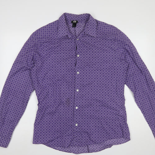 H&M Men’s Purple Geometric Long Sleeve Cotton Button-Up Shirt Size L