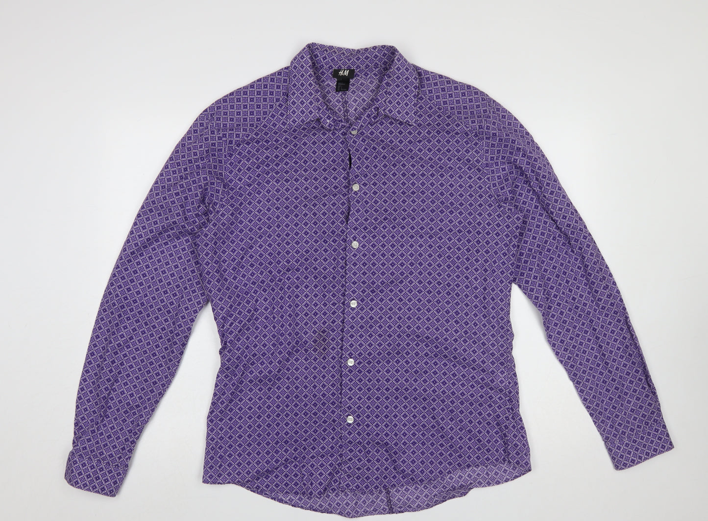 H&M Men’s Purple Geometric Long Sleeve Cotton Button-Up Shirt Size L