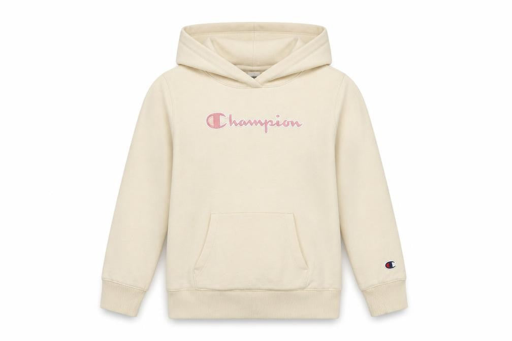Front view of Champion girls’ beige cotton blend pullover hoodie medium 9-10 years