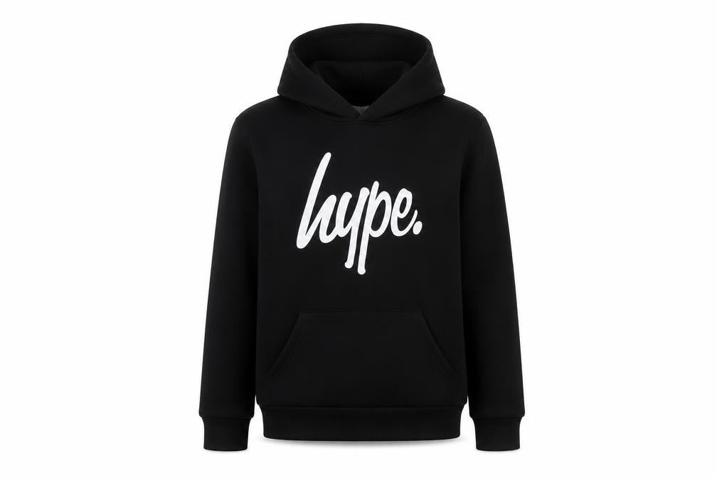 Front view of Hype boys’ black pullover hoodie 14 years cotton blend logo front
