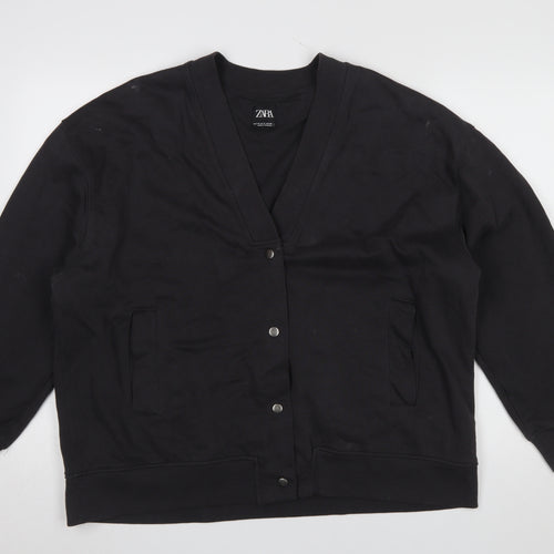Zara Women Black Medium Cardigan Sweatshirt Button Closure Cotton Blend