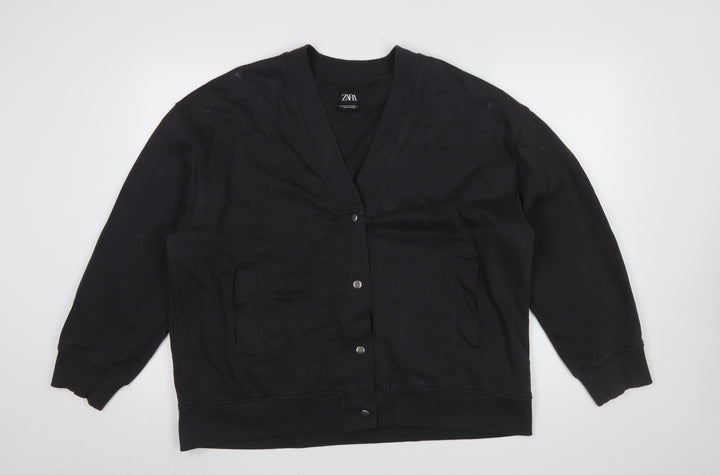 Zara Women Black Medium Cardigan Sweatshirt Button Closure Cotton Blend