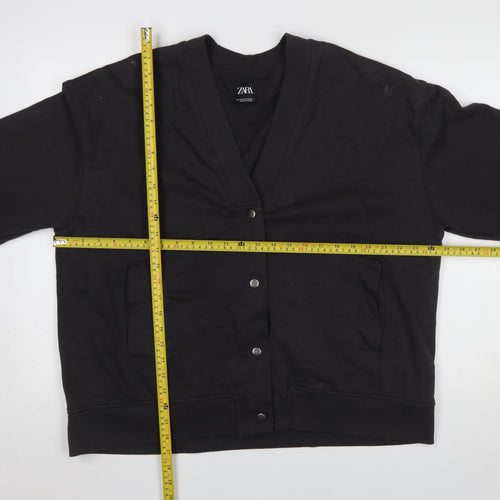 Zara Women Black Medium Cardigan Sweatshirt Button Closure Cotton Blend