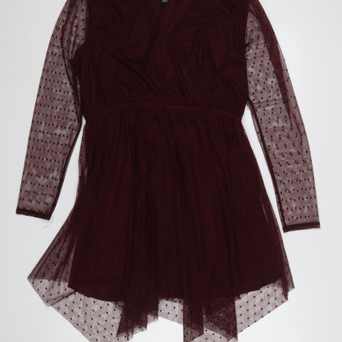 New Look Women’s Red Mesh Polka Dot Wrap Dress Size 16 Long Sleeve