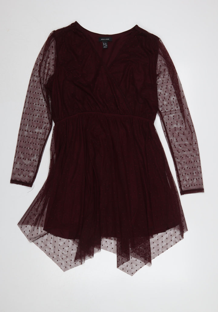 New Look Women’s Red Mesh Polka Dot Wrap Dress Size 16 Long Sleeve