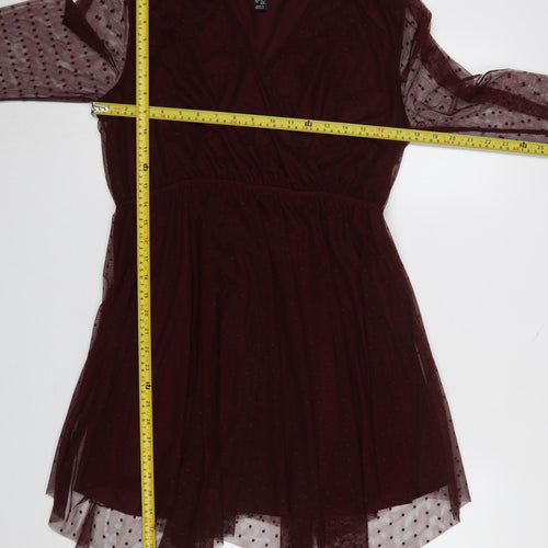 New Look Women’s Red Mesh Polka Dot Wrap Dress Size 16 Long Sleeve