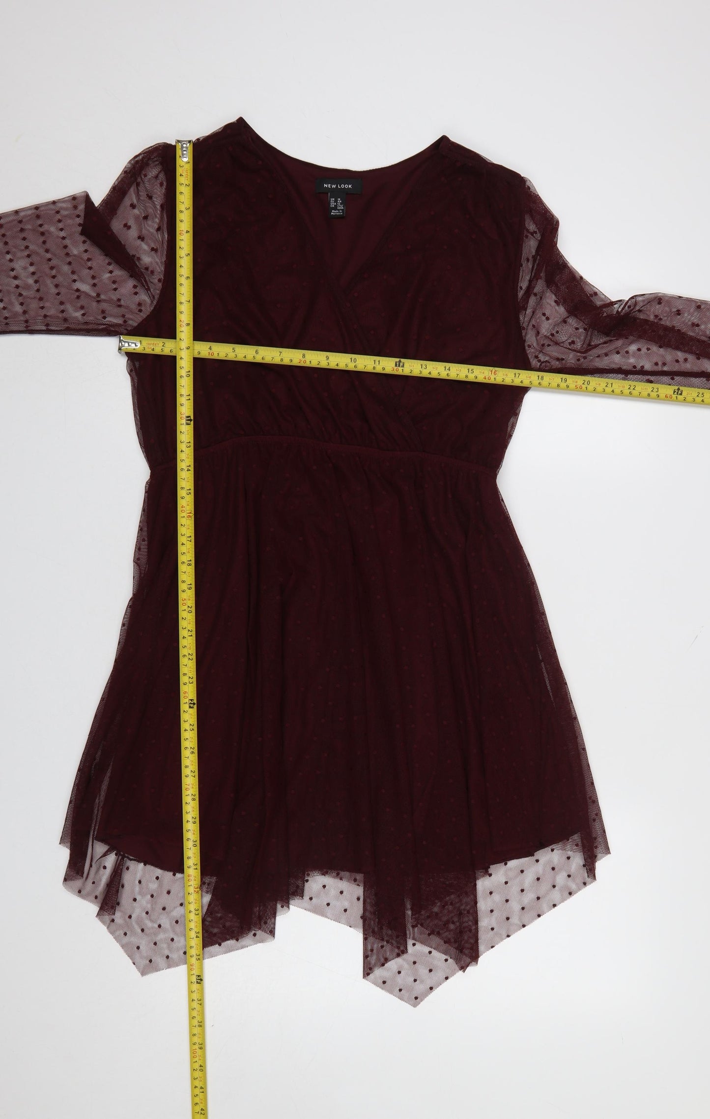 New Look Women’s Red Mesh Polka Dot Wrap Dress Size 16 Long Sleeve