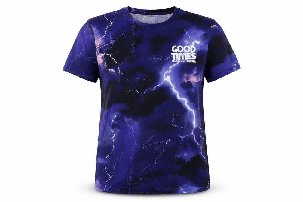 Front view of Bershka women’s blue lightning graphic t-shirt, size UK 8