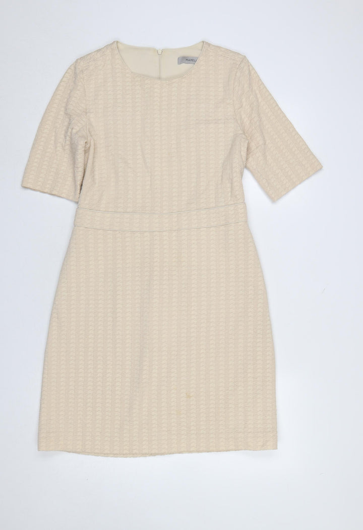 Marella Women’s Beige Houndstooth Cotton Blend Knee Length Shift Dress Size 12