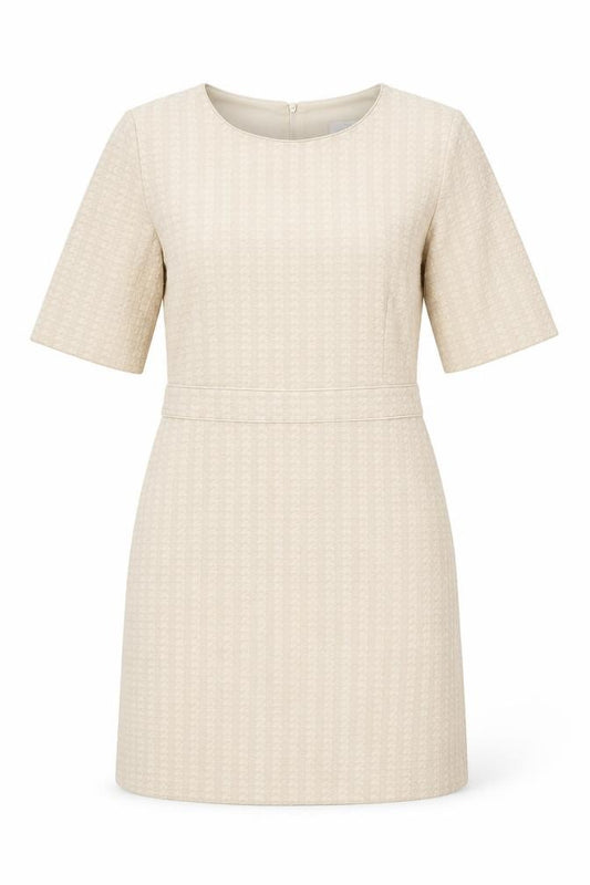 Front view of Marella Women’s Beige Houndstooth Cotton Blend Knee Length Shift Dress, size UK 12