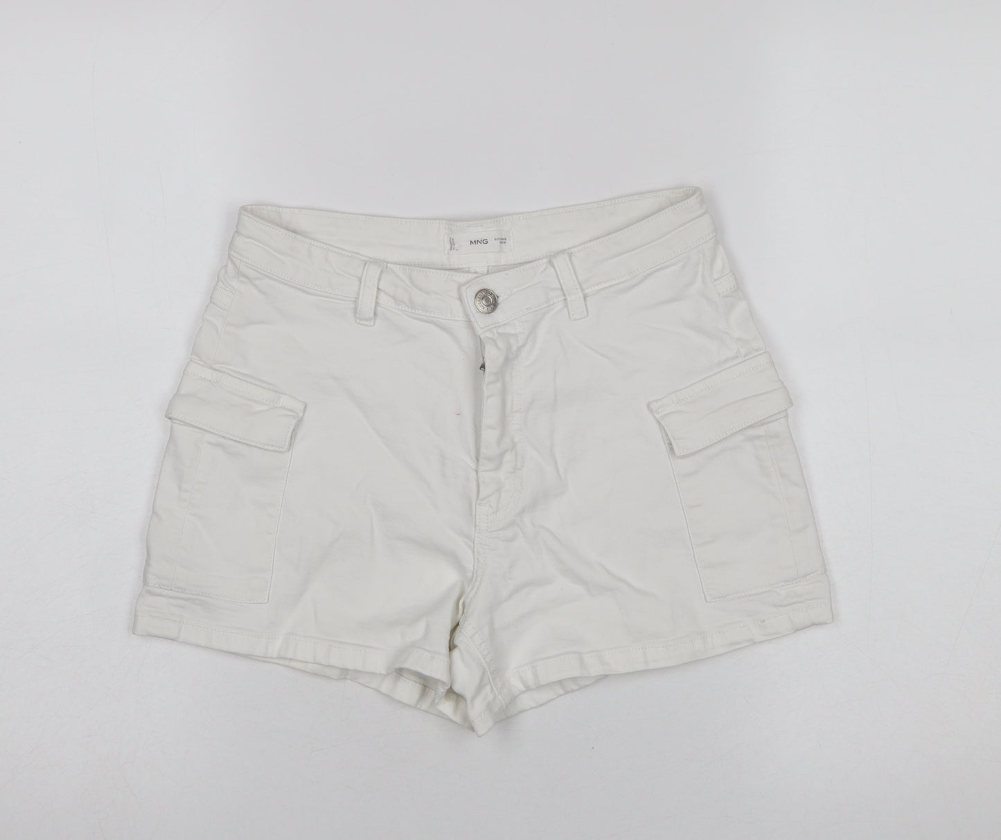 MNG Women Ivory Cargo Shorts Size M Cotton Twill Stretch Casual