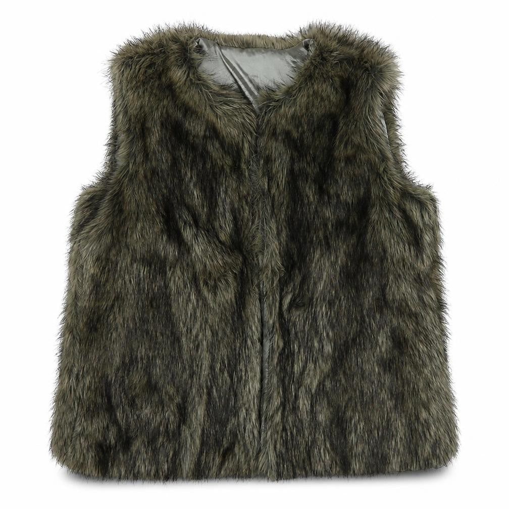 TJC Women’s Grey Faux Fur Waistcoat Lined Acrylic Fur Trim L Size