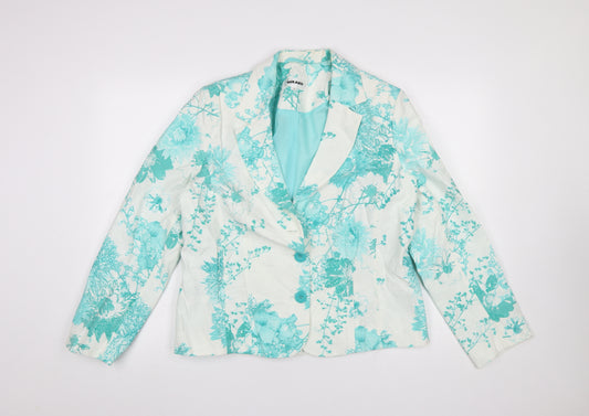 Gerard Womens Floral Blazer Jacket Blue White Size 16 Viscose Blend