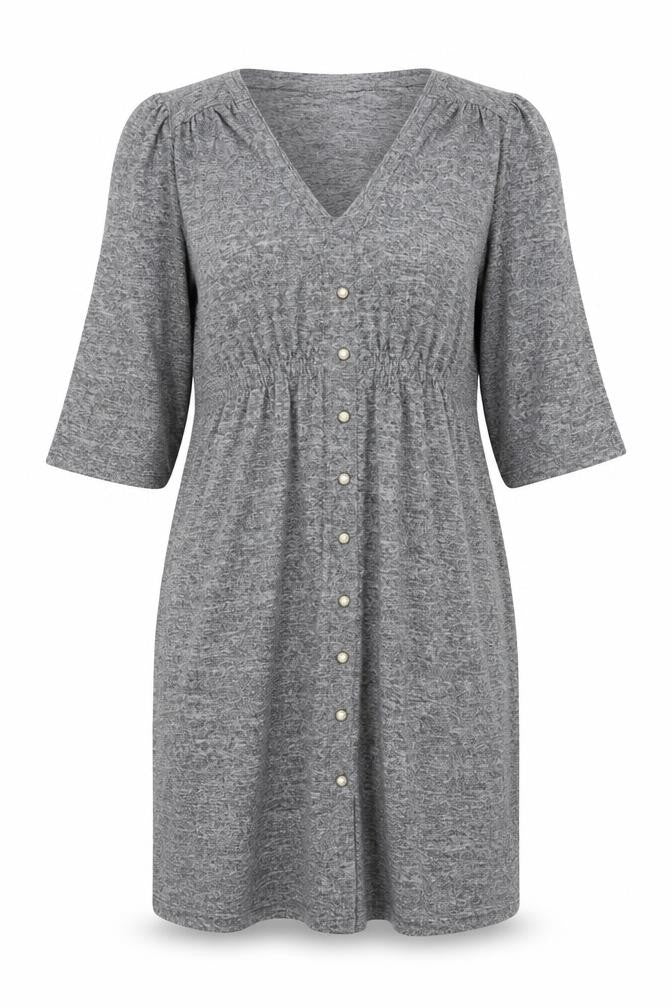 Front view of Savida women’s grey v-neck knee length shift dress, size UK 16