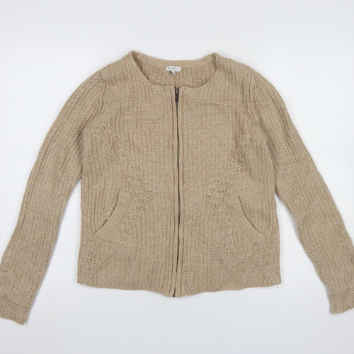 Part Two Women Beige L Chunky-Knit Full Zip Cardigan Wool Blend