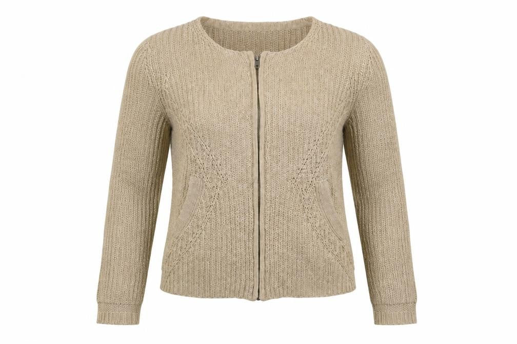 Part Two Women Beige L Chunky-Knit Full Zip Cardigan Wool Blend